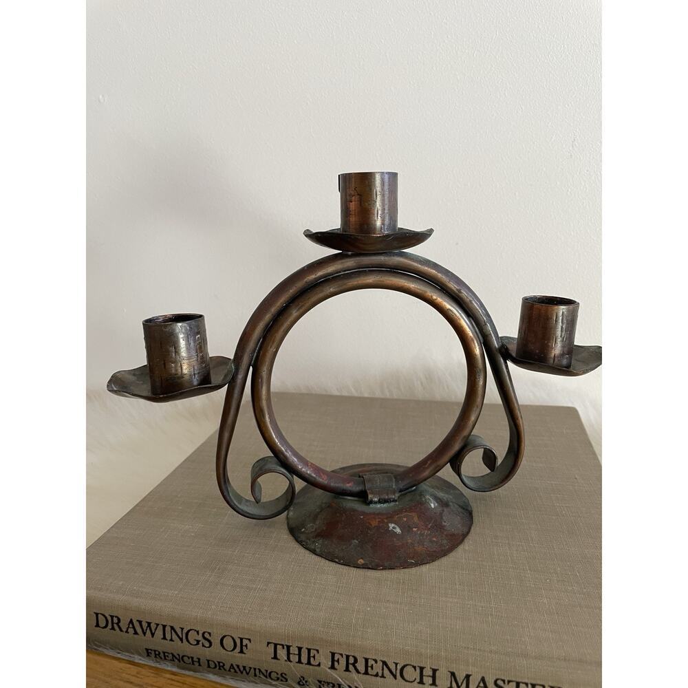 Vintage Copper Candle Stick Holder For Three Candles Circular Primitive Patina